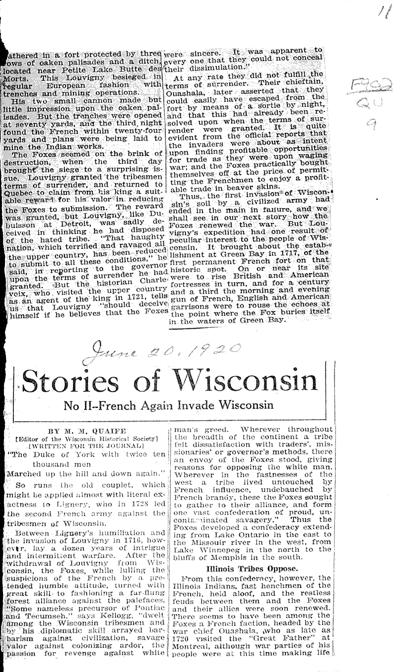 Stories of Wisconsin French again invade Wisconsin Newspaper Article