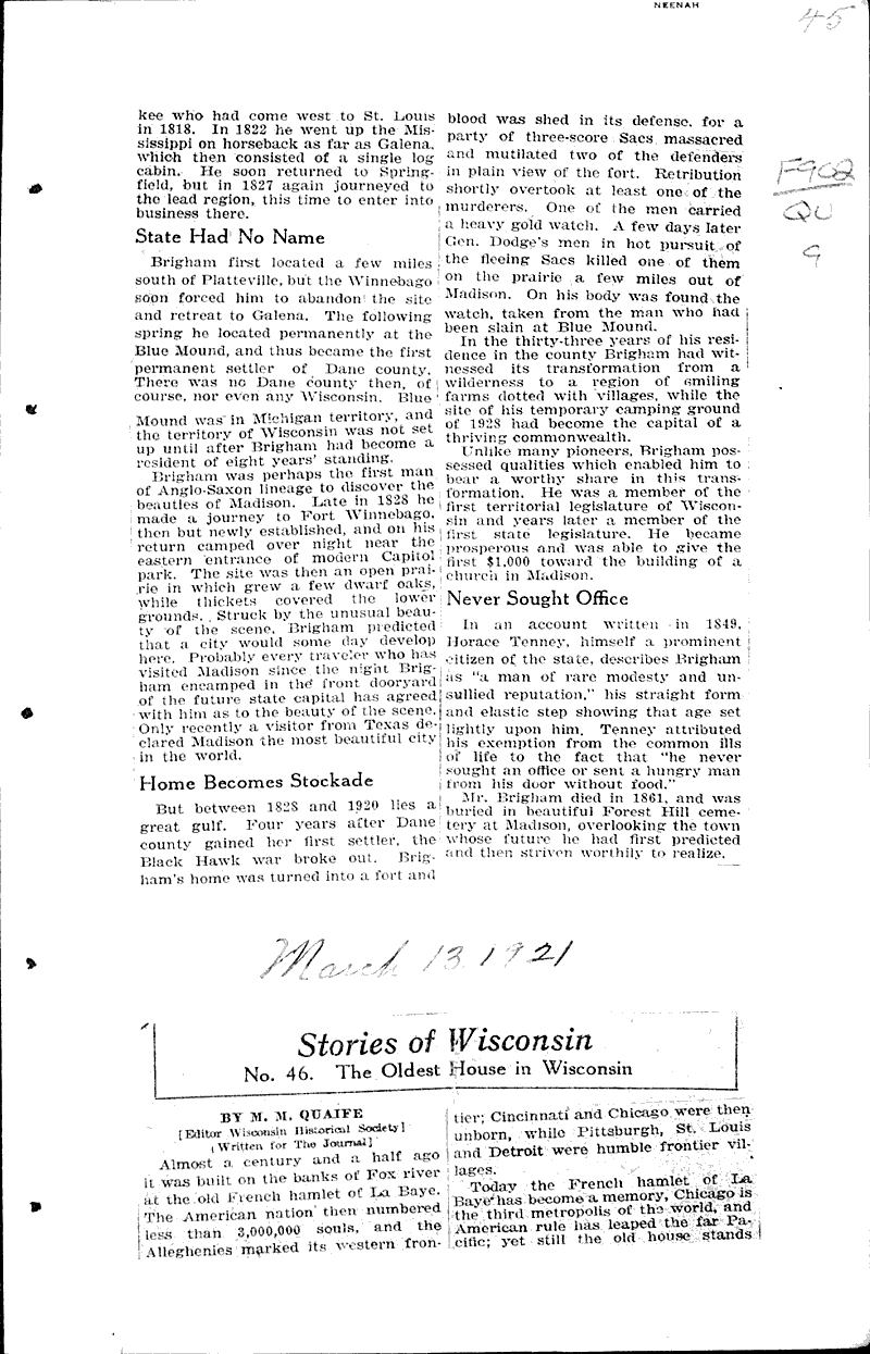Stories of Wisconsin: The oldest house in Wisconsin Source: Milwaukee Journal Topics: Architecture Date: 1921-03-13