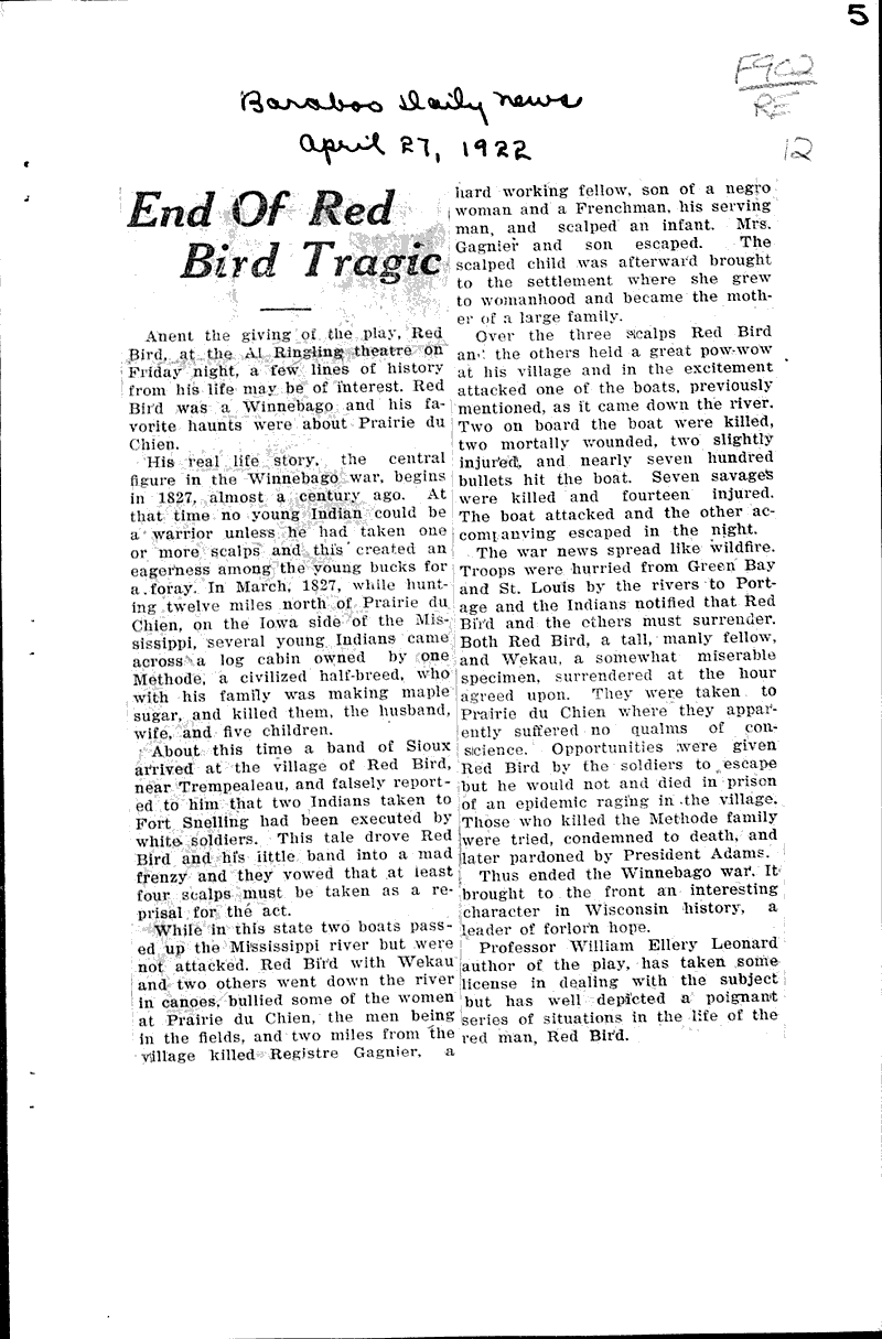  Source: Baraboo Daily News Topics: Indians and Native Peoples Date: 1922-04-27