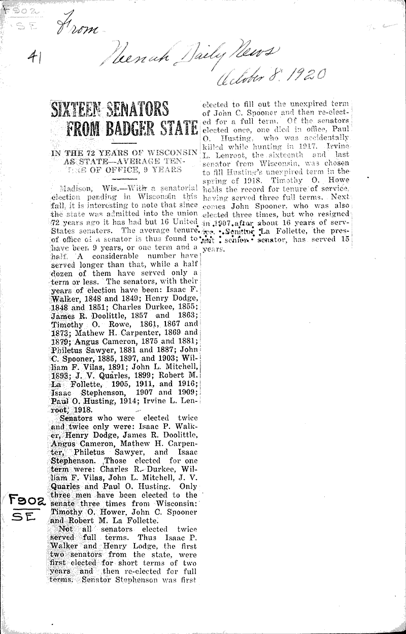 Source: Neenah Daily News Topics: Government and Politics Date: 1920-10-08
