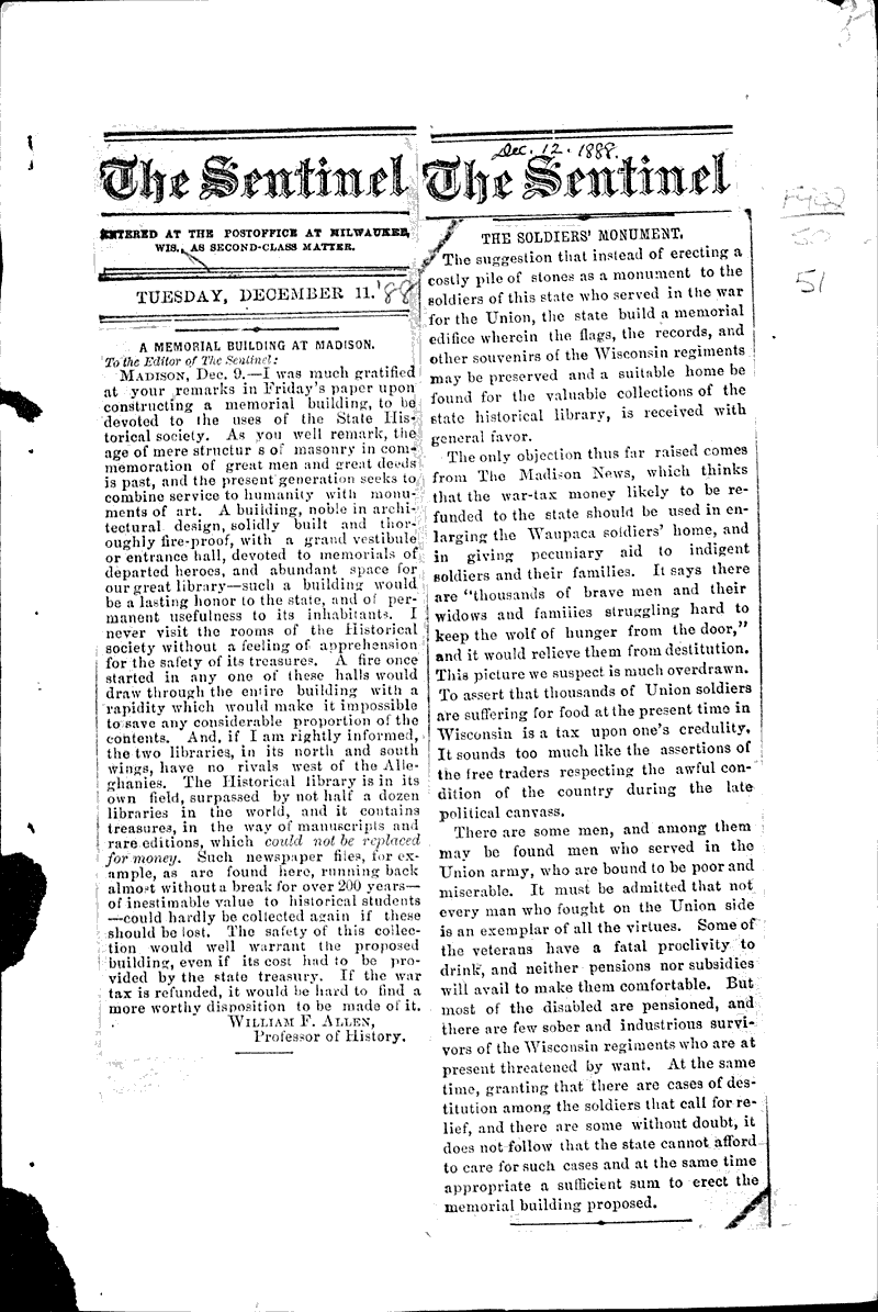  Source: Milwaukee Sentinel Topics: Civil War Date: 1888-12-11