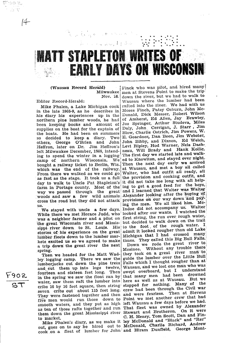 Matt Stapleton writes of early days on Wisconsin Newspaper Article