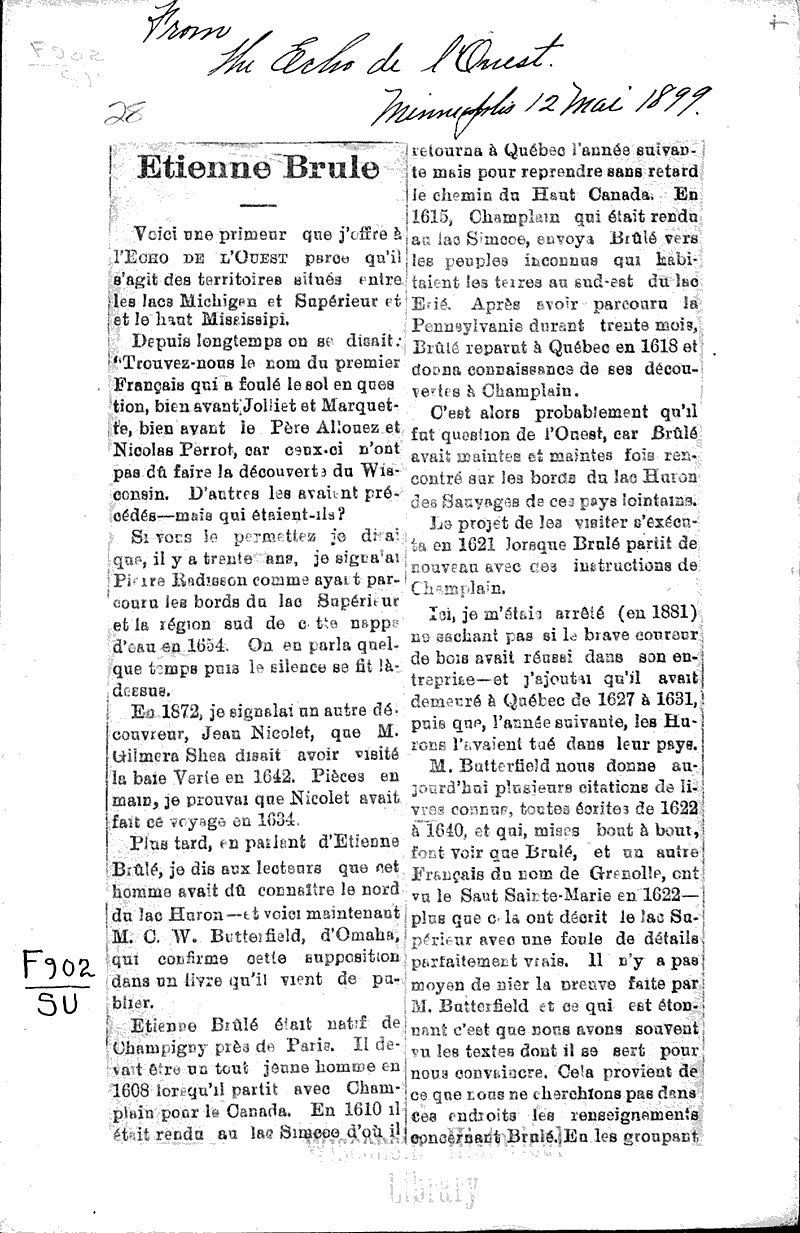  Source: Echo de l'Ouest (Minneapolis) Topics: Immigrants Date: 1899-05-12