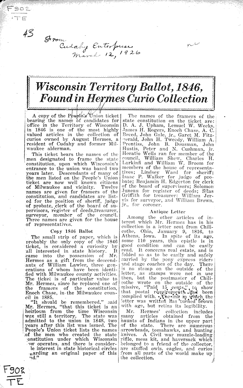 Wisconsin territory ballot, 1846, found in Hermes curio collection