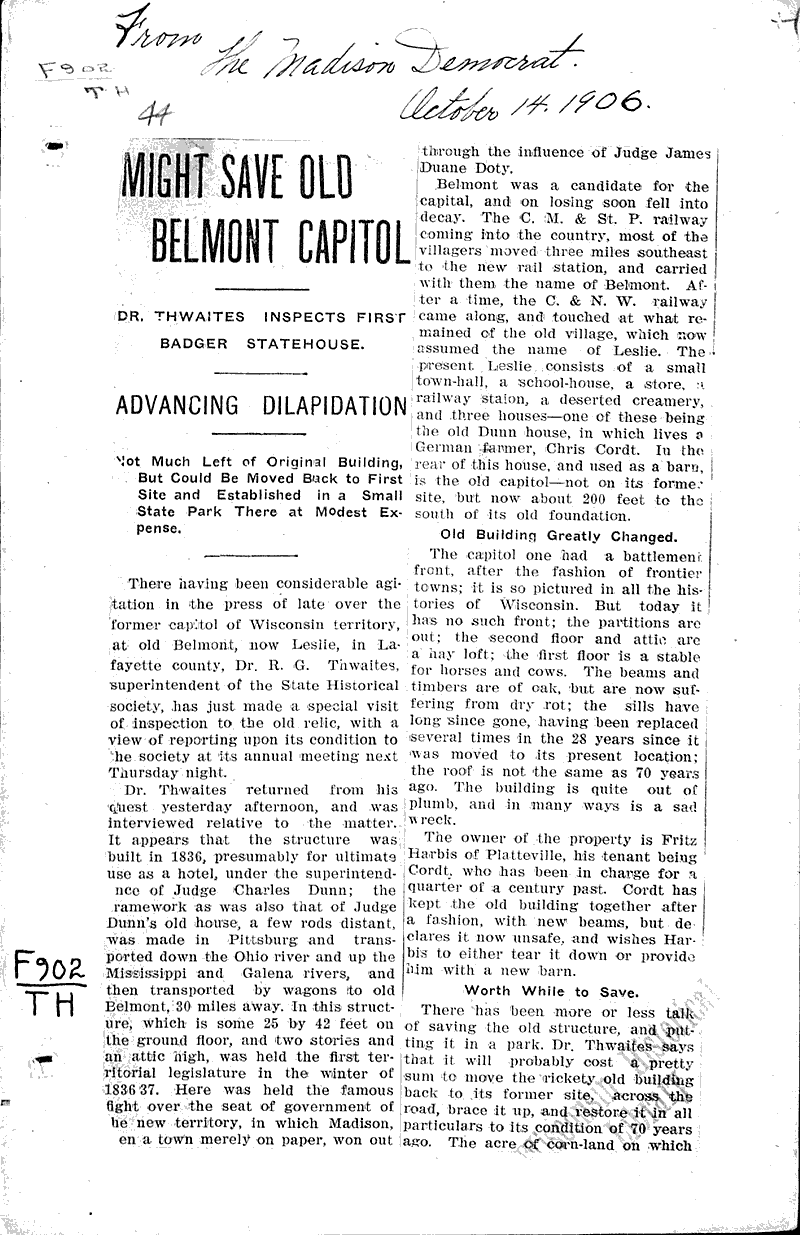 Might save old Belmont Capitol Newspaper Article/Clipping Wisconsin