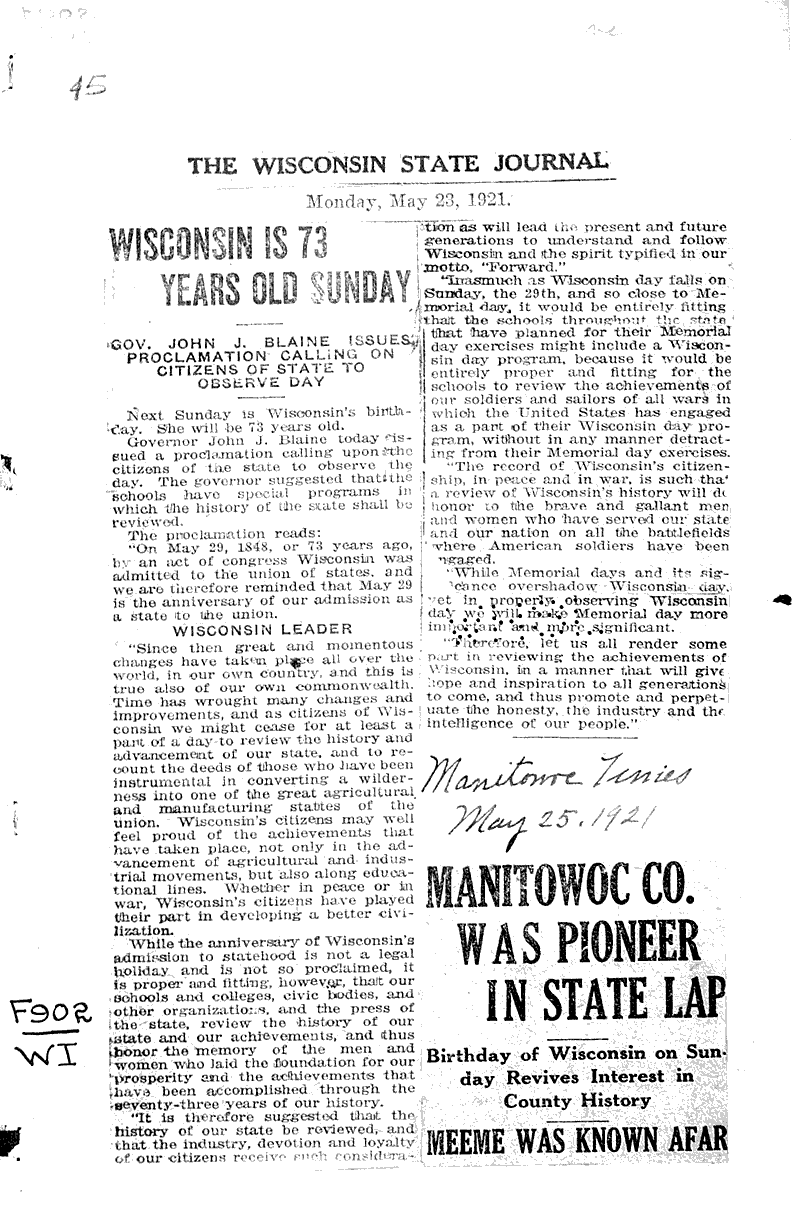  Source: Manitowoc Times Date: 1921-05-25