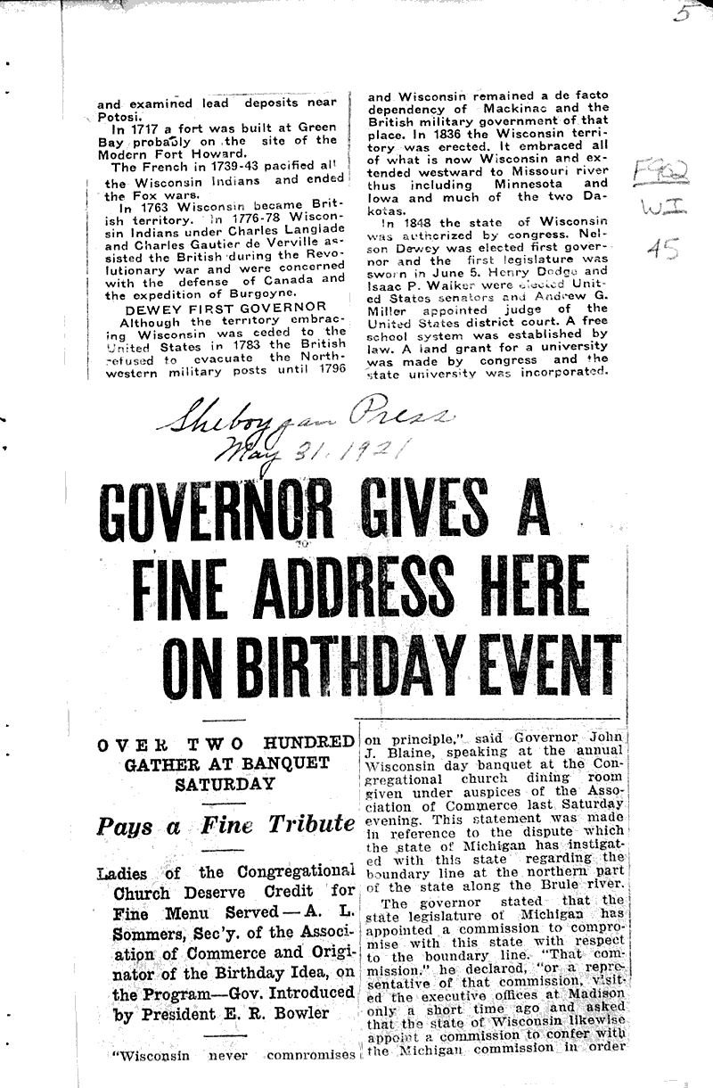 Source: Sheboygan Press Topics: Government and Politics Date: 1921-05-31