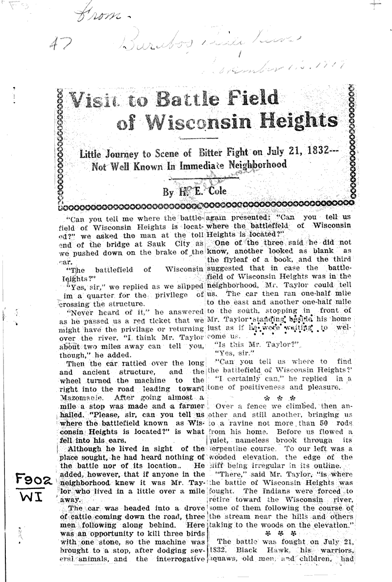 Visit to battle field of Wisconsin Heights Newspaper Article/Clipping
