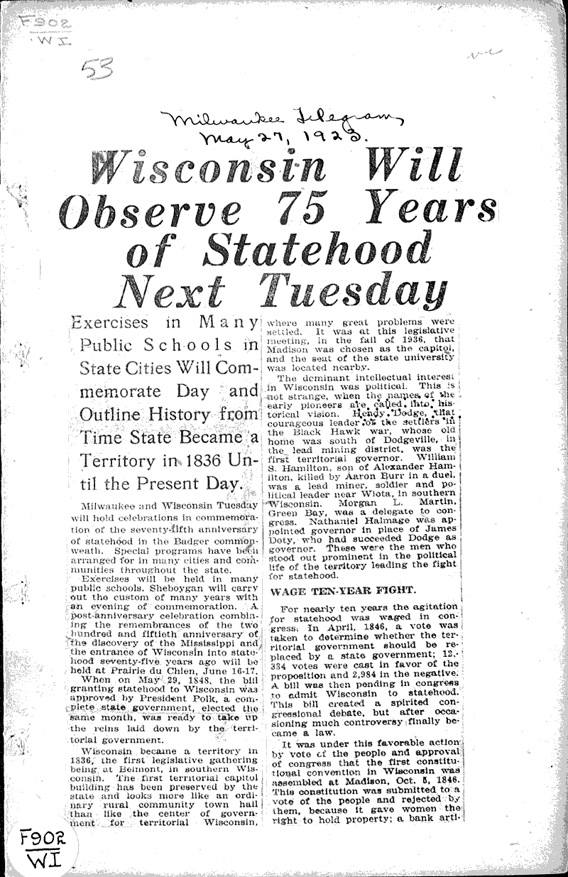  Source: Milwaukee Telegram Date: 1923-05-27