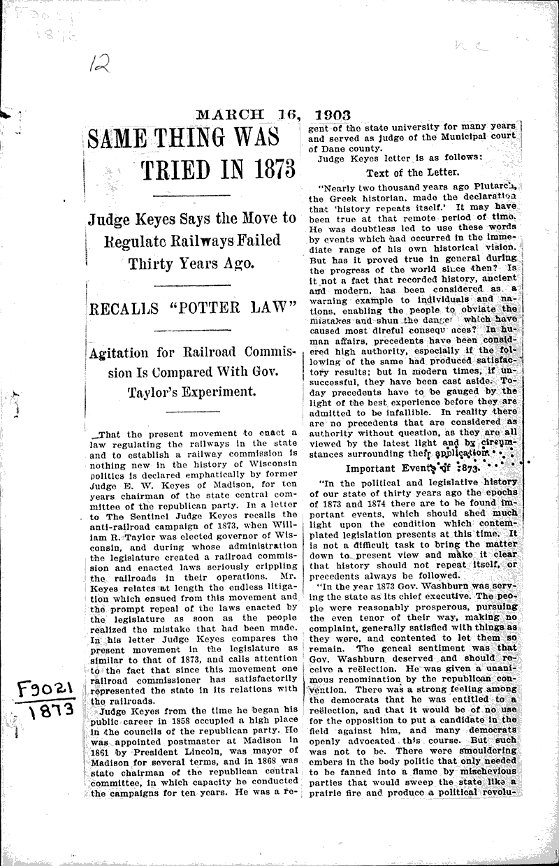 Same thing was tried in 1873 Source: Other Topics: Government and Politics Date: 1903-03-16