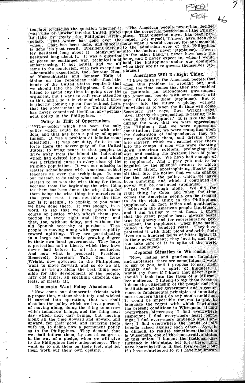  Source: Milwaukee Sentinel Topics: Government and Politics Date: 1904-10-06