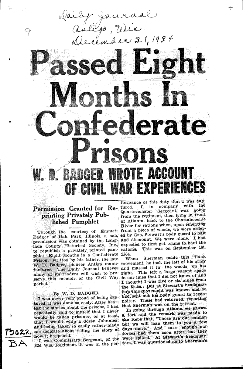 Passed eight months in confederate prisons | Newspaper Article 