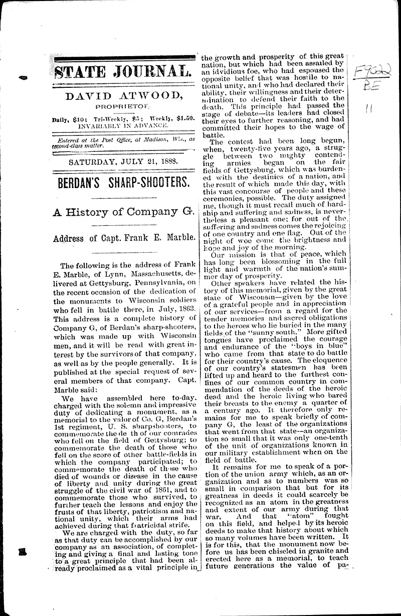  Source: Wisconsin State Journal Topics: Civil War Date: 1888-07-21