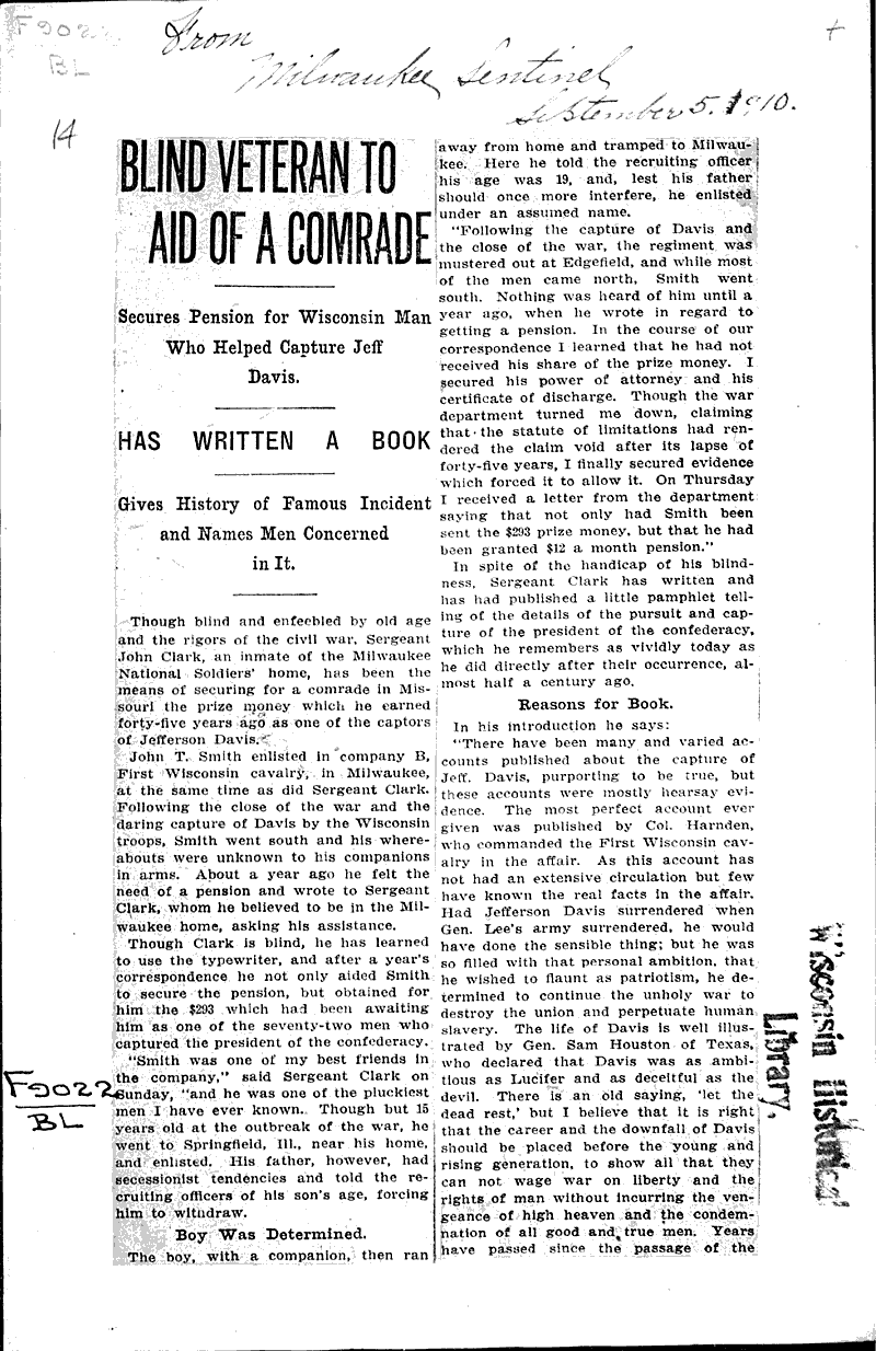  Source: Milwaukee Sentinel Topics: Civil War Date: 1910-09-05