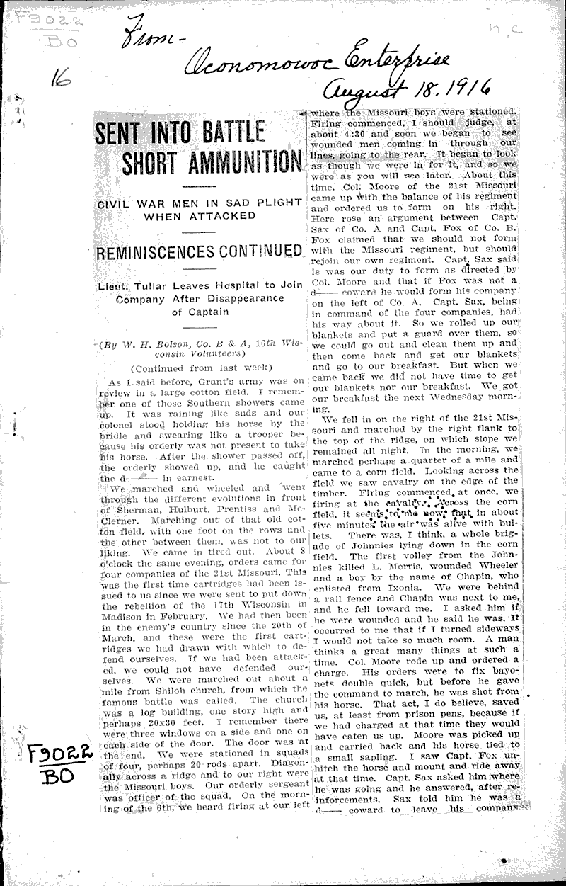  Source: Oconomowoc Enterprise Topics: Civil War Date: 1916-08-18