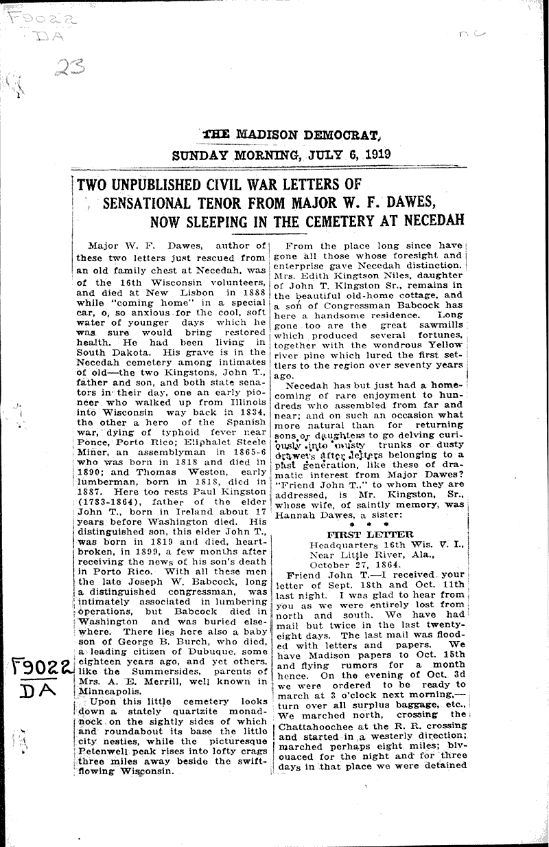  Source: Madison Democrat Topics: Civil War Date: 1919-07-06