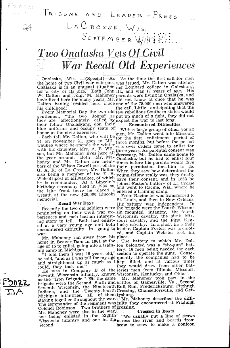 Two Onalaska vets of Civil War recall old experiences Newspaper