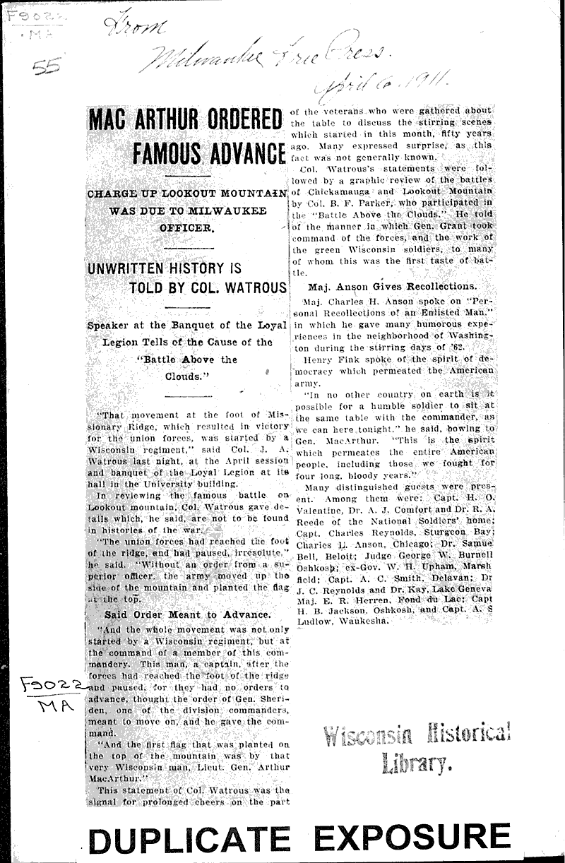  Source: Milwaukee Free Press Topics: Civil War Date: 1911-04-06