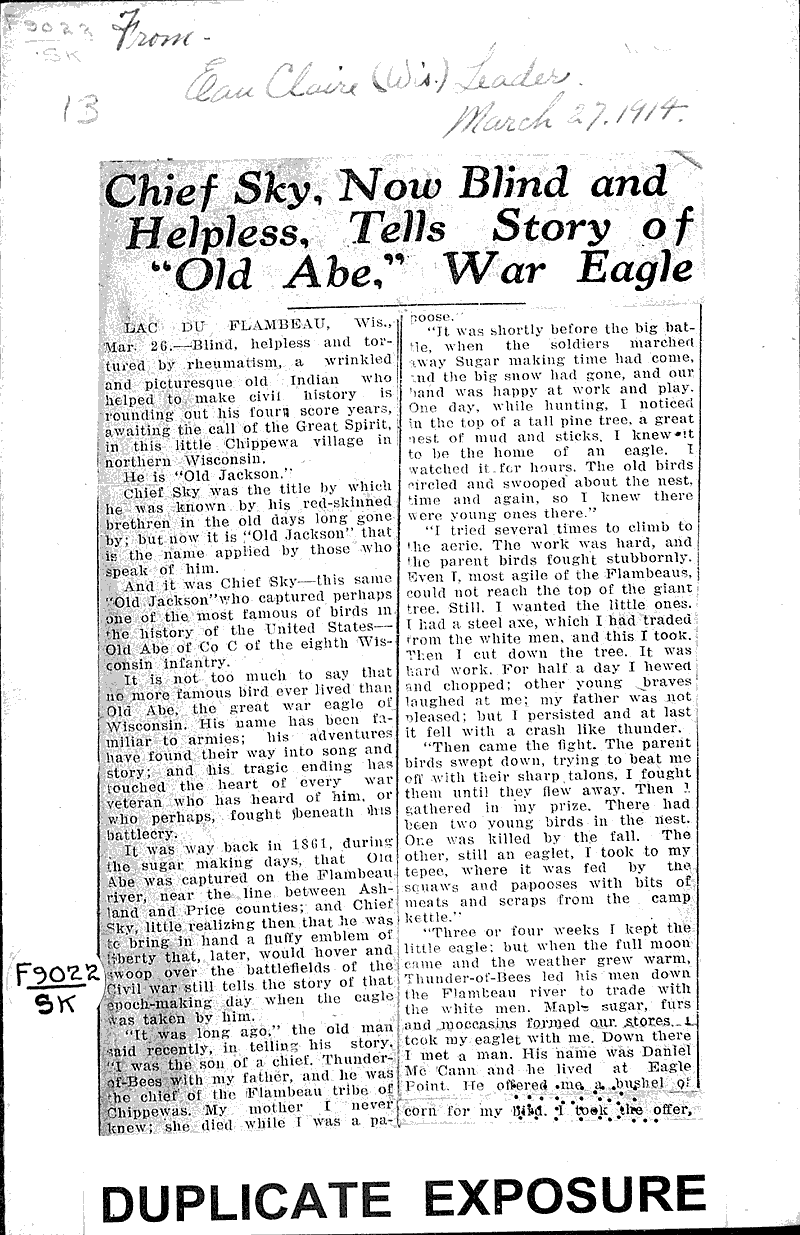  Source: Eau Claire Leader Topics: Indians and Native Peoples Date: 1914-03-27