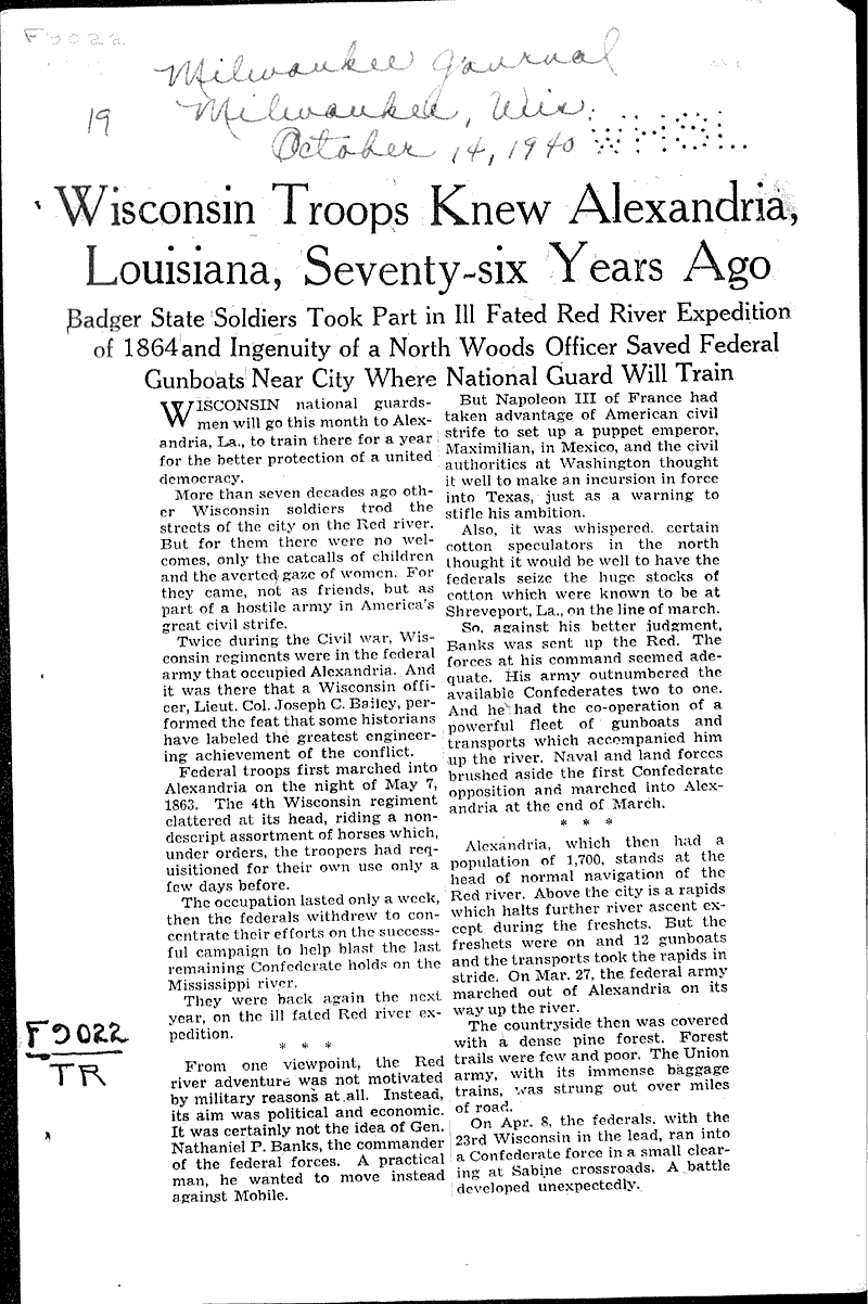  Source: Milwaukee Journal Topics: Civil War Date: 1940-10-14