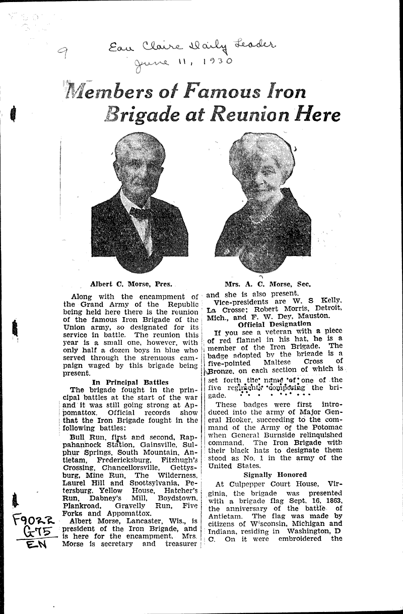  Source: Eau Claire Leader Topics: Civil War Date: 1930-06-11