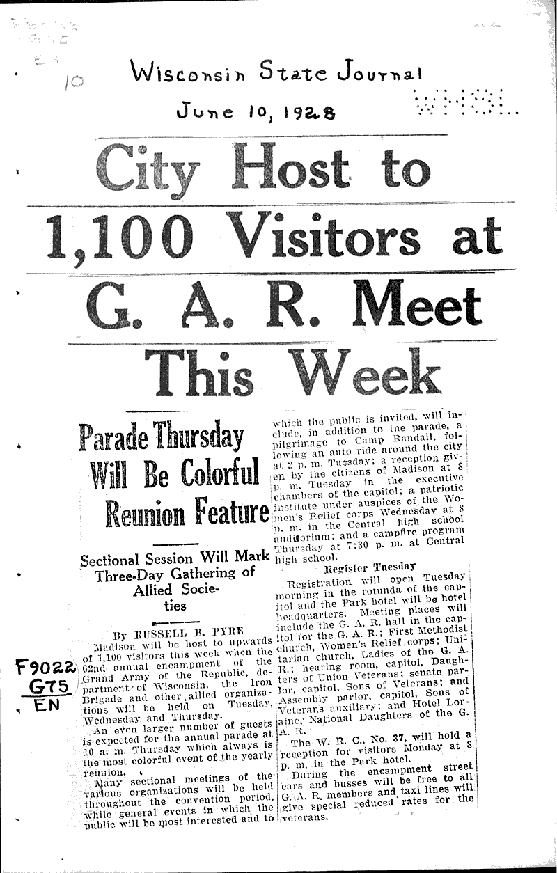  Source: Wisconsin State Journal Topics: Civil War Date: 1928-06-10