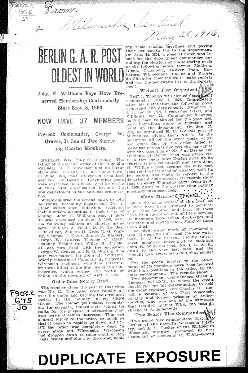  Source: Milwaukee Sentinel Topics: Civil War Date: 1916-05-28