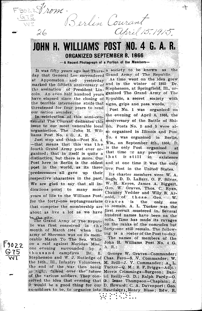  Source: Berlin Courant Topics: Civil War Date: 1915-04-15