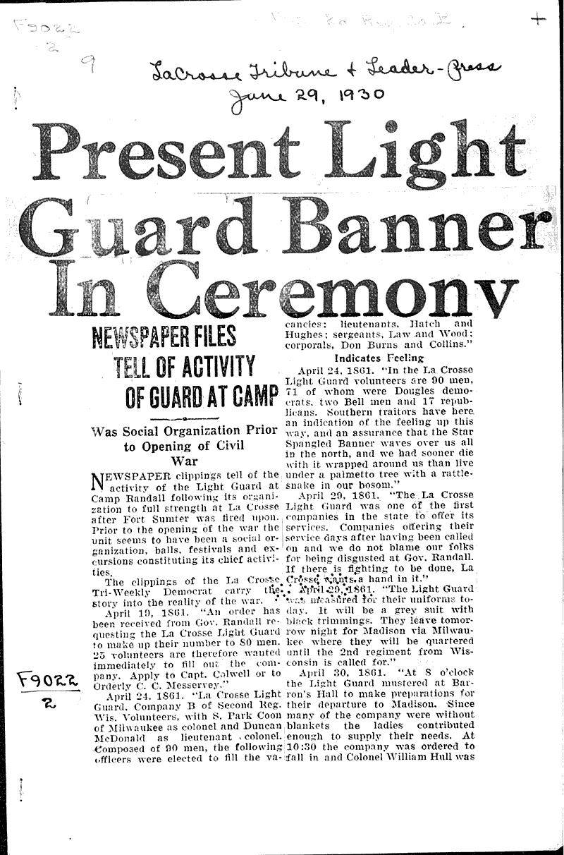  Source: La Crosse Tribune and Leader-Press Topics: Civil War Date: 1930-06-29