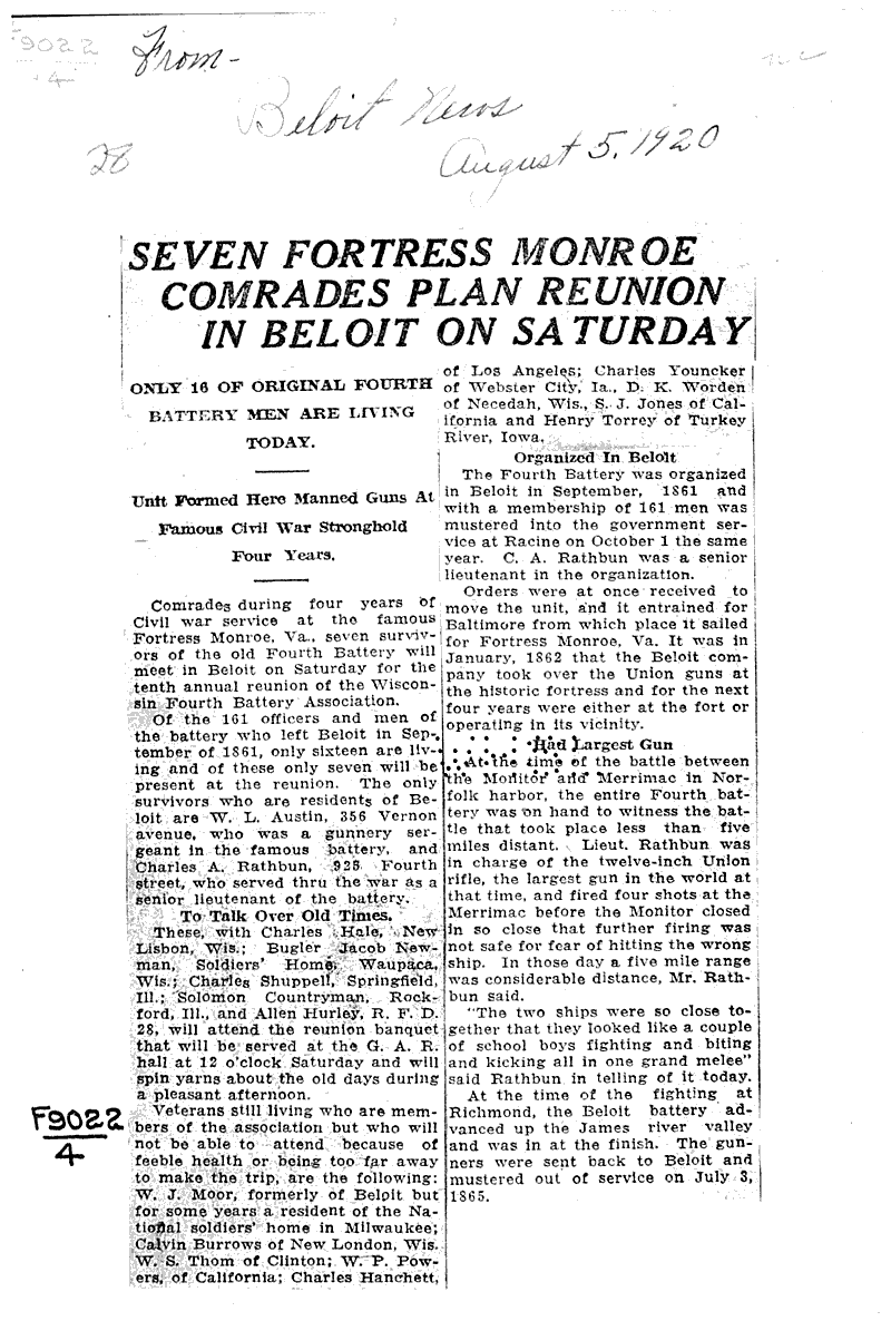 Seven Fortress Monroe comrades plan reunion in Beloit on Saturday