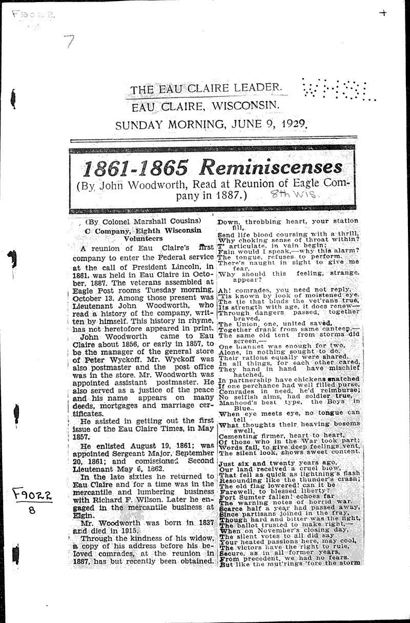  Source: Eau Claire Leader Topics: Civil War Date: 1929-06-09