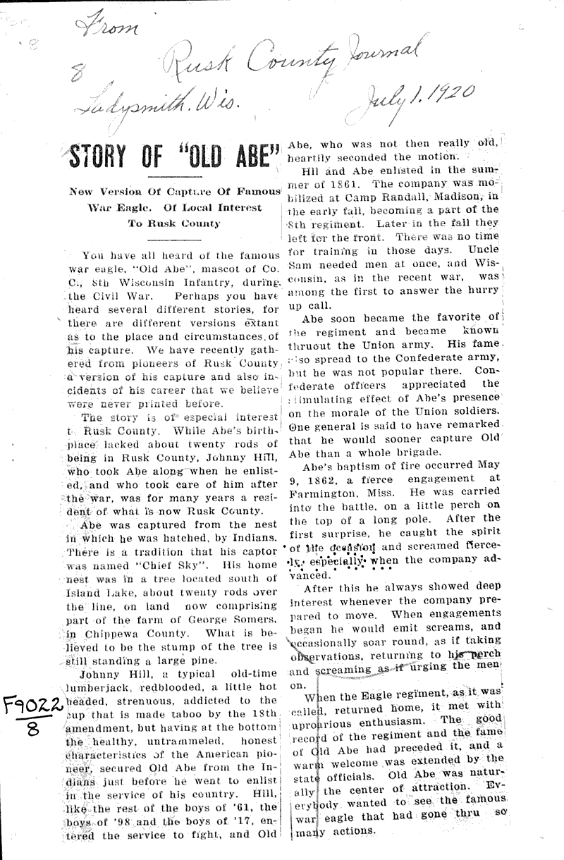  Source: Rusk County Journal Topics: Civil War Date: 1920-07-01