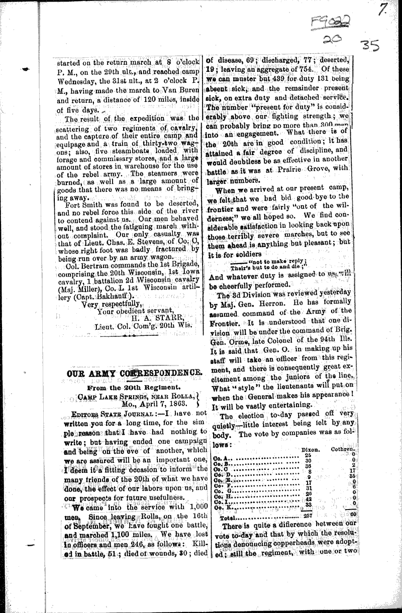 From the 20th regimentofficial report of its movement to van buren