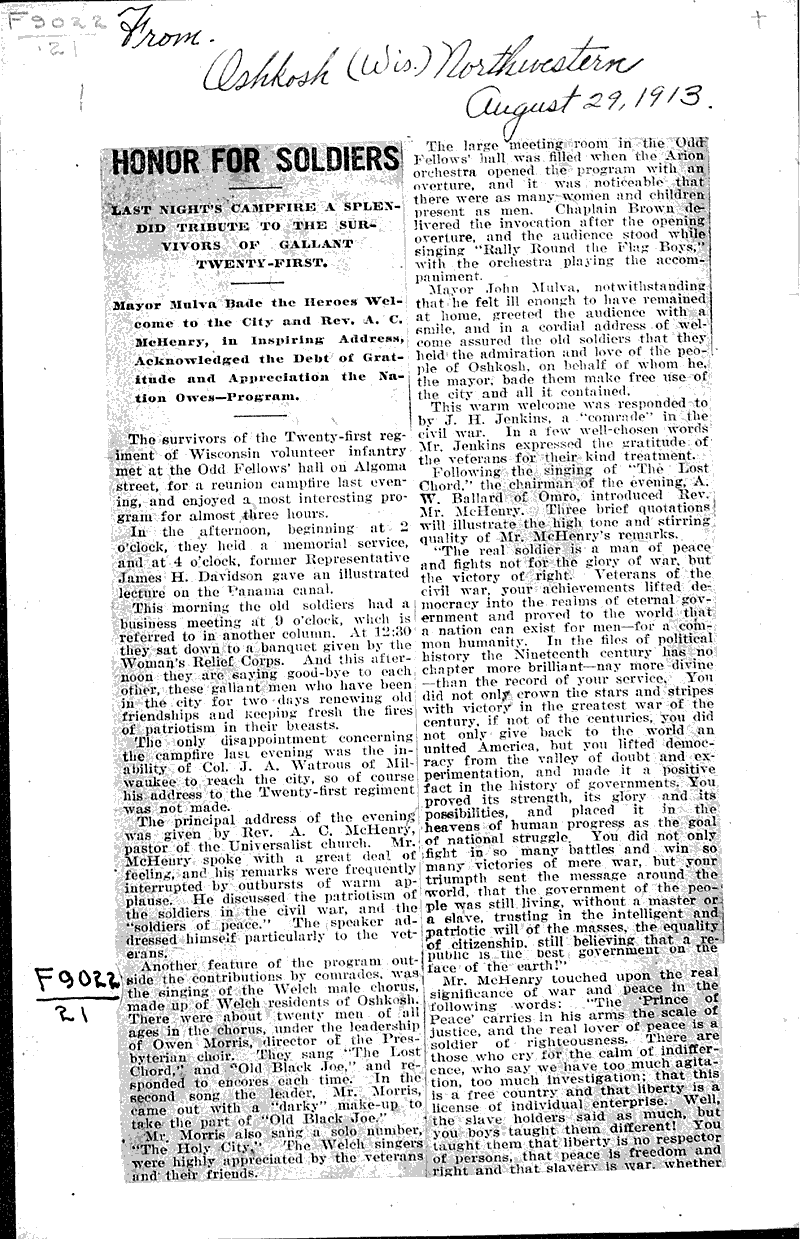  Source: Oshkosh Northwestern Topics: Civil War Date: 1913-08-29