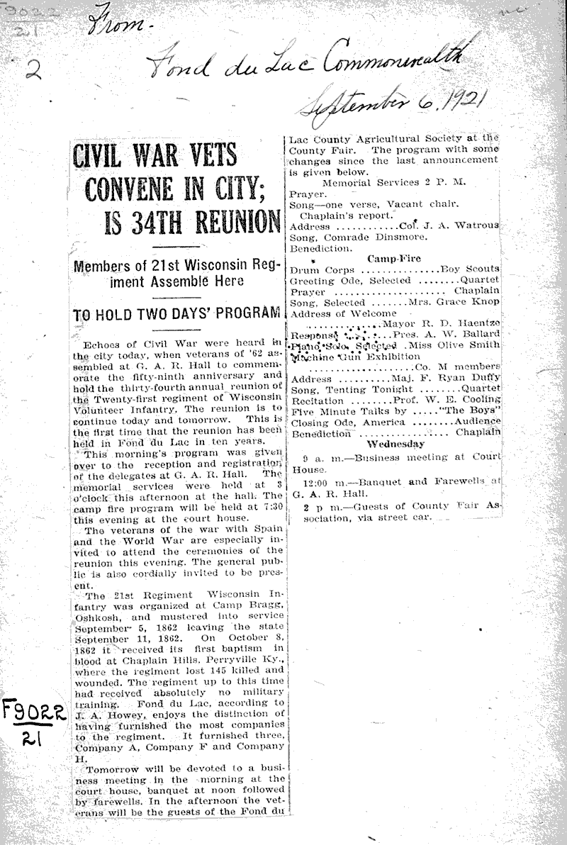  Source: Fond du Lac Commonwealth Topics: Civil War Date: 1921-09-06