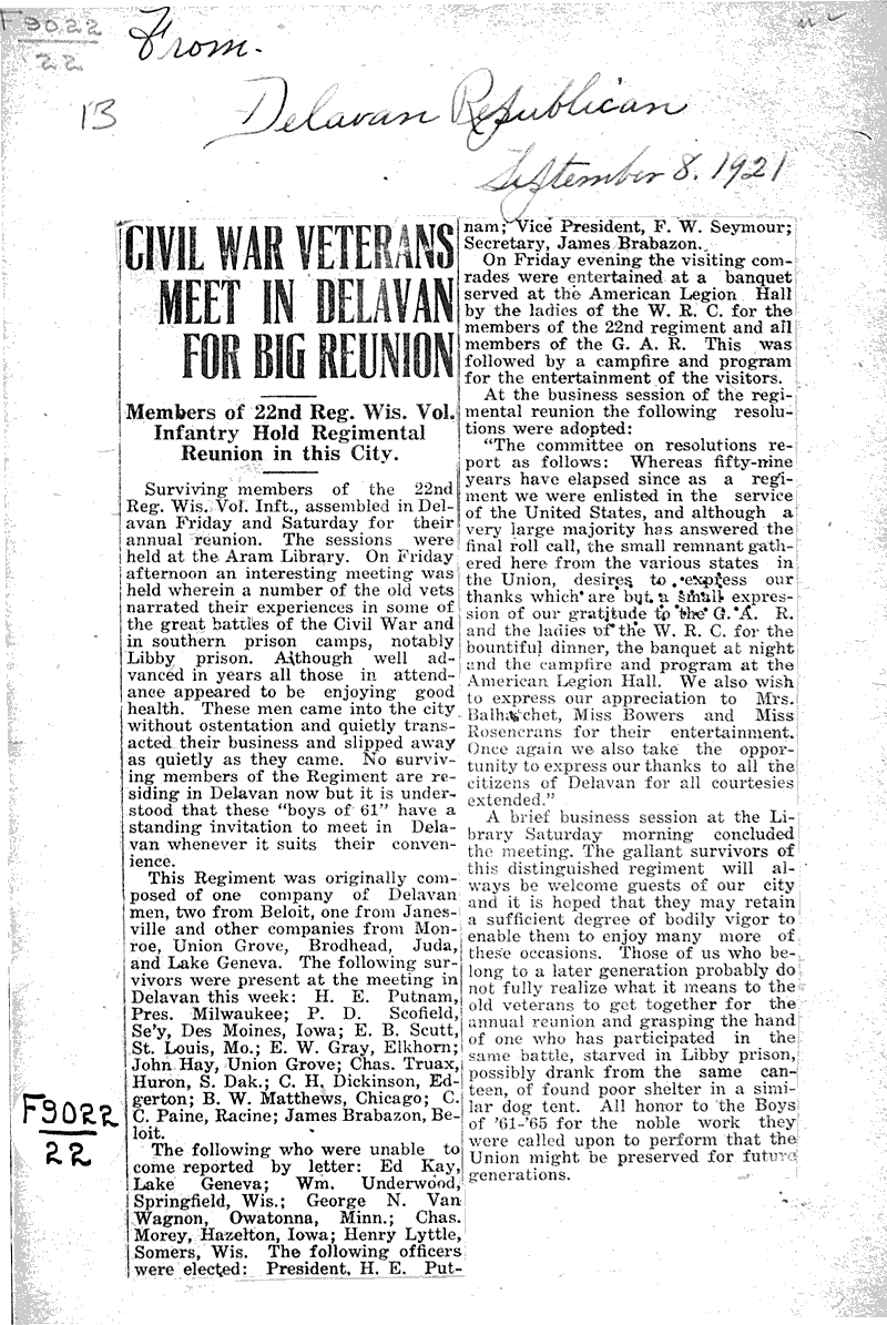  Source: Delavan Republican Topics: Civil War Date: 1921-09-08