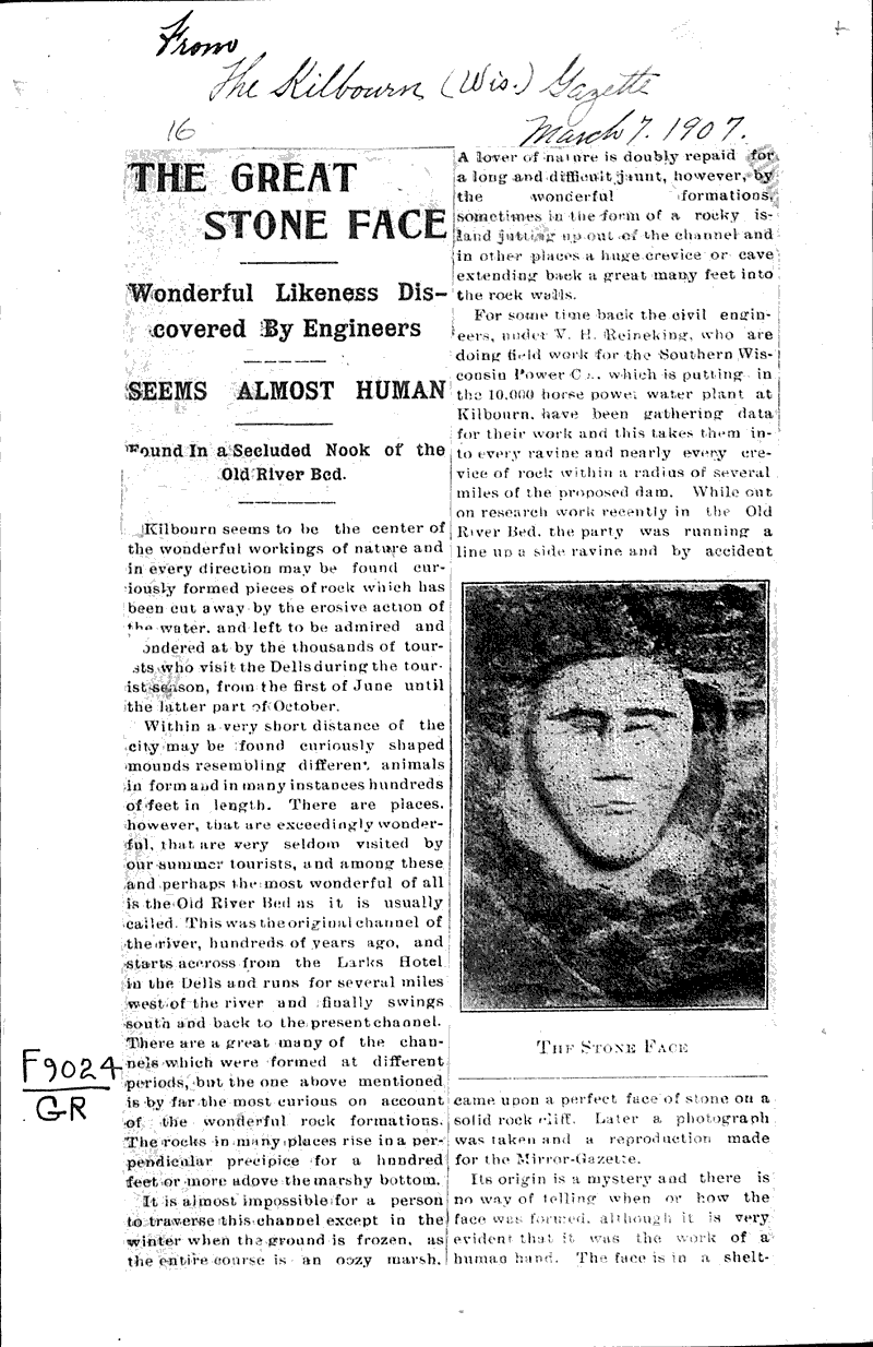 The great stone face Source: Wisconsin Dells Events (The Kilbourn Gazette) Topics: Indians and Native Peoples Date: 1907-03-07