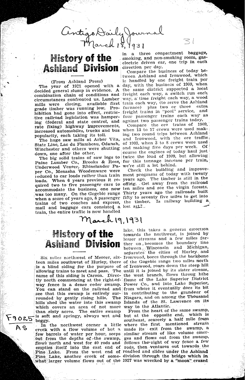 History of the Ashland Division Newspaper Article/Clipping