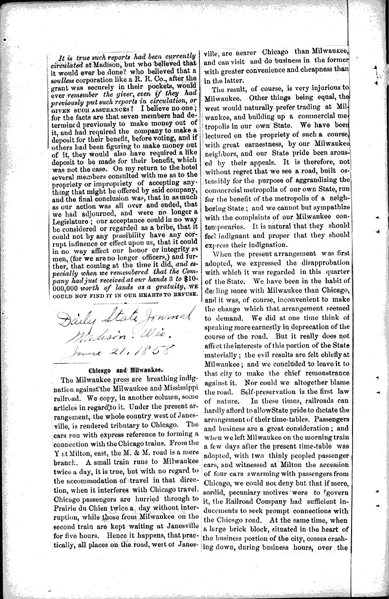  Source: Wisconsin State Journal Topics: Transportation Date: 1858-06-05
