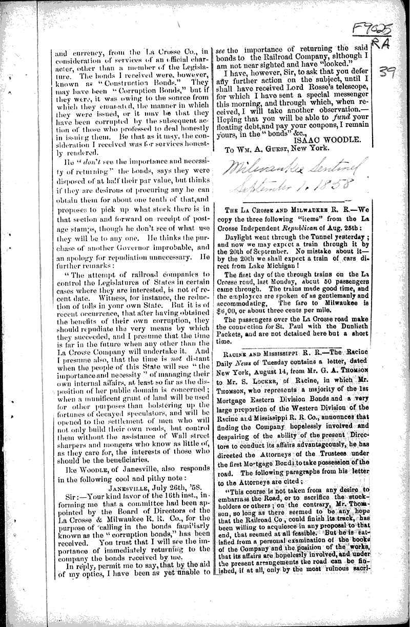  Source: Wisconsin State Journal Topics: Transportation Date: 1858-06-05