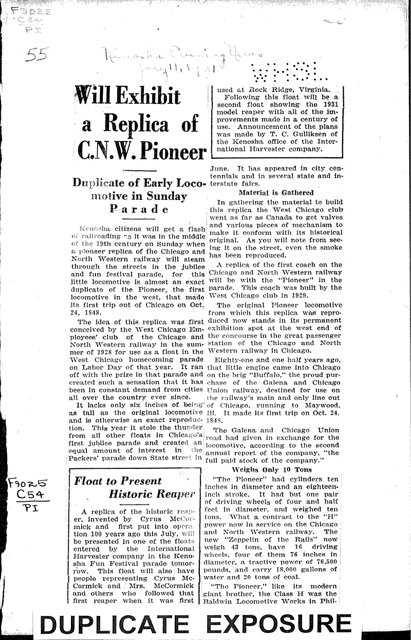  Source: Kenosha Evening News Topics: Transportation Date: 1931-07-11