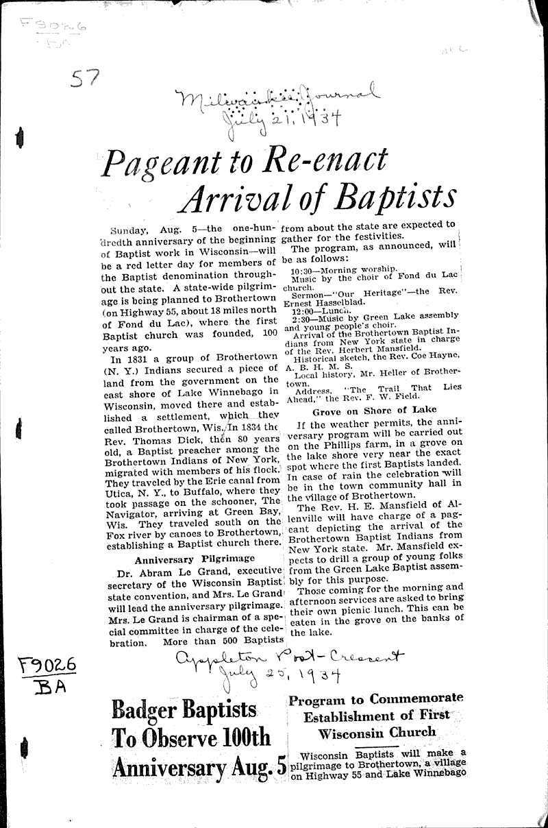  Source: Milwaukee Journal Topics: Church History Date: 1934-07-21