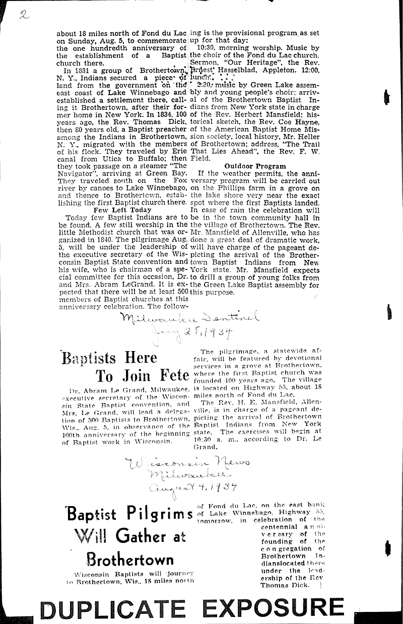  Source: Milwaukee Journal Topics: Church History Date: 1934-07-21