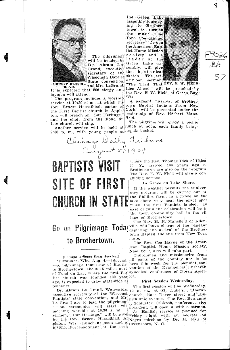  Source: Milwaukee Journal Topics: Church History Date: 1934-07-21