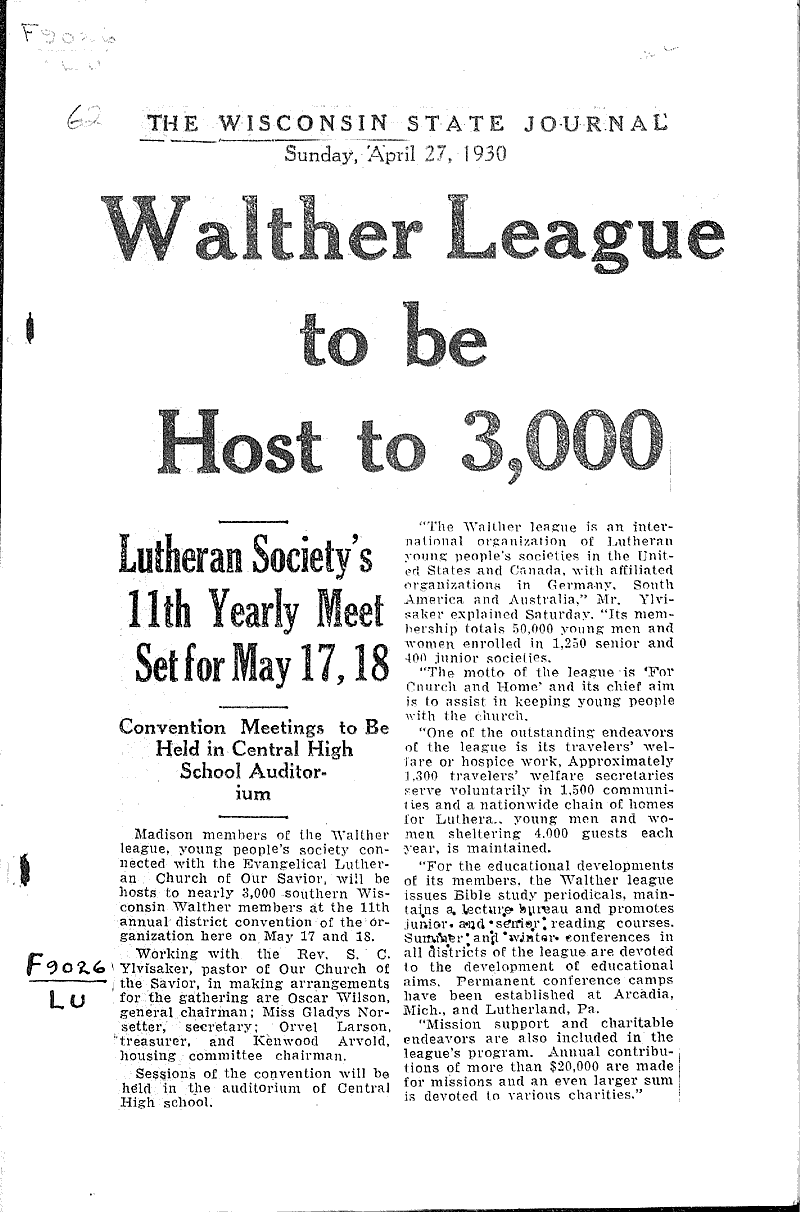  Source: Wisconsin State Journal Topics: Church History Date: 1930-04-27