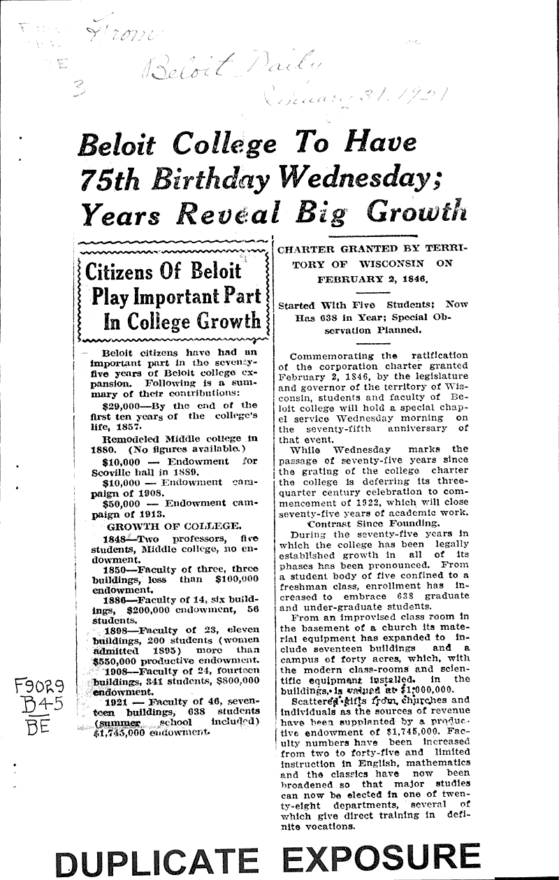  Source: Beloit Daily News Topics: Education Date: 1921-01-31
