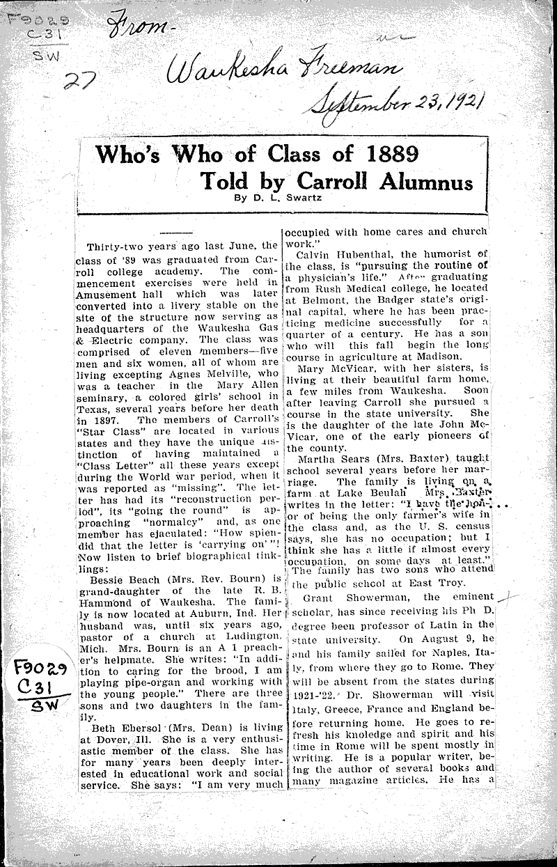  Source: Waukesha Freeman Topics: Education Date: 1921-09-23