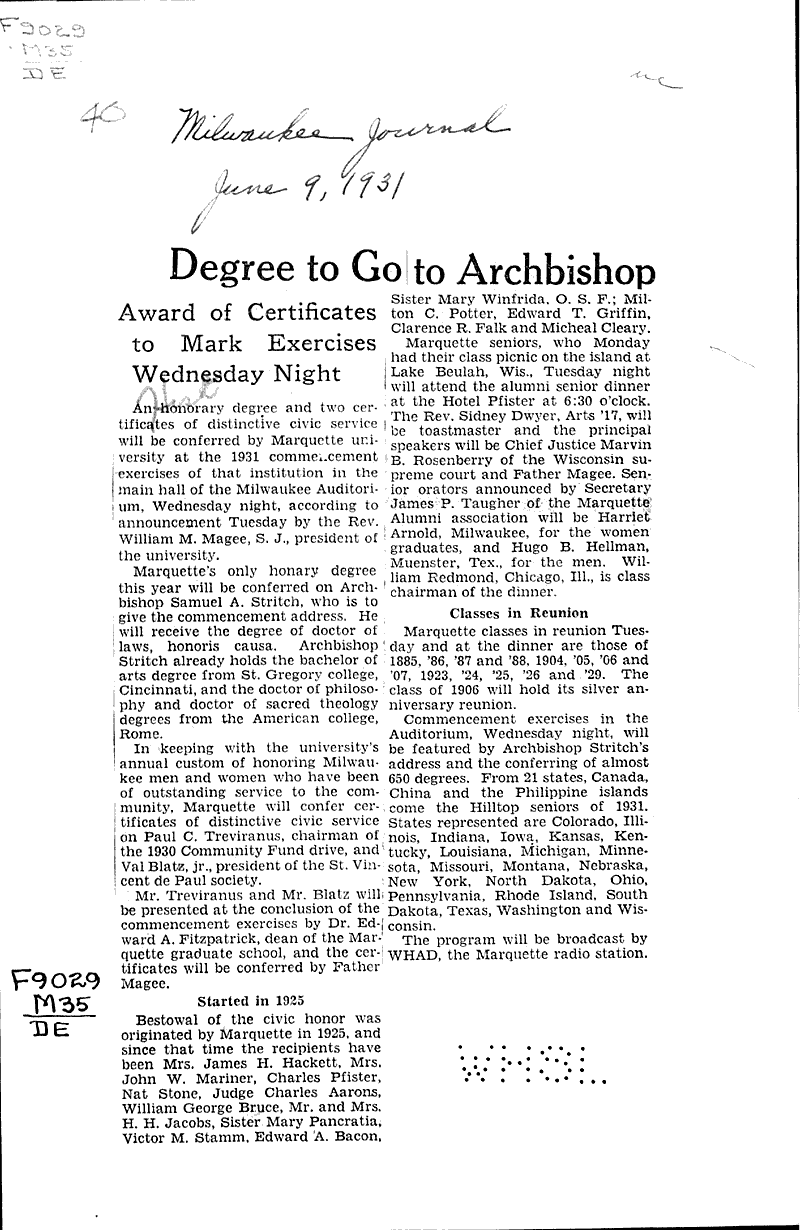  Source: Milwaukee Journal Topics: Education Date: 1931-06-09