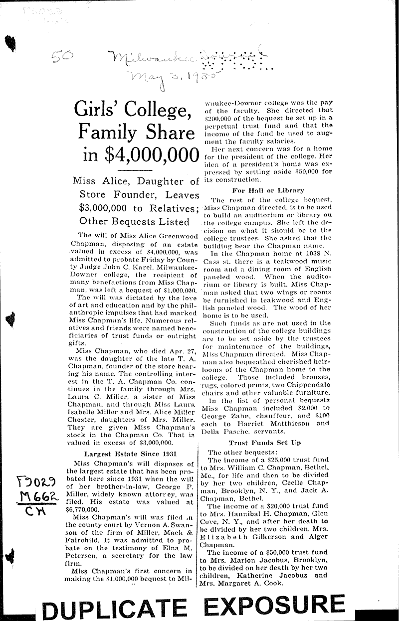 Girls' college, family share in $ 4,000,000 Source: Milwaukee Journal Topics: Education Date: 1935-05-03