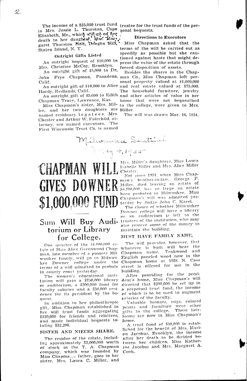 Girls' college, family share in $ 4,000,000 Source: Milwaukee Journal Topics: Education Date: 1935-05-03